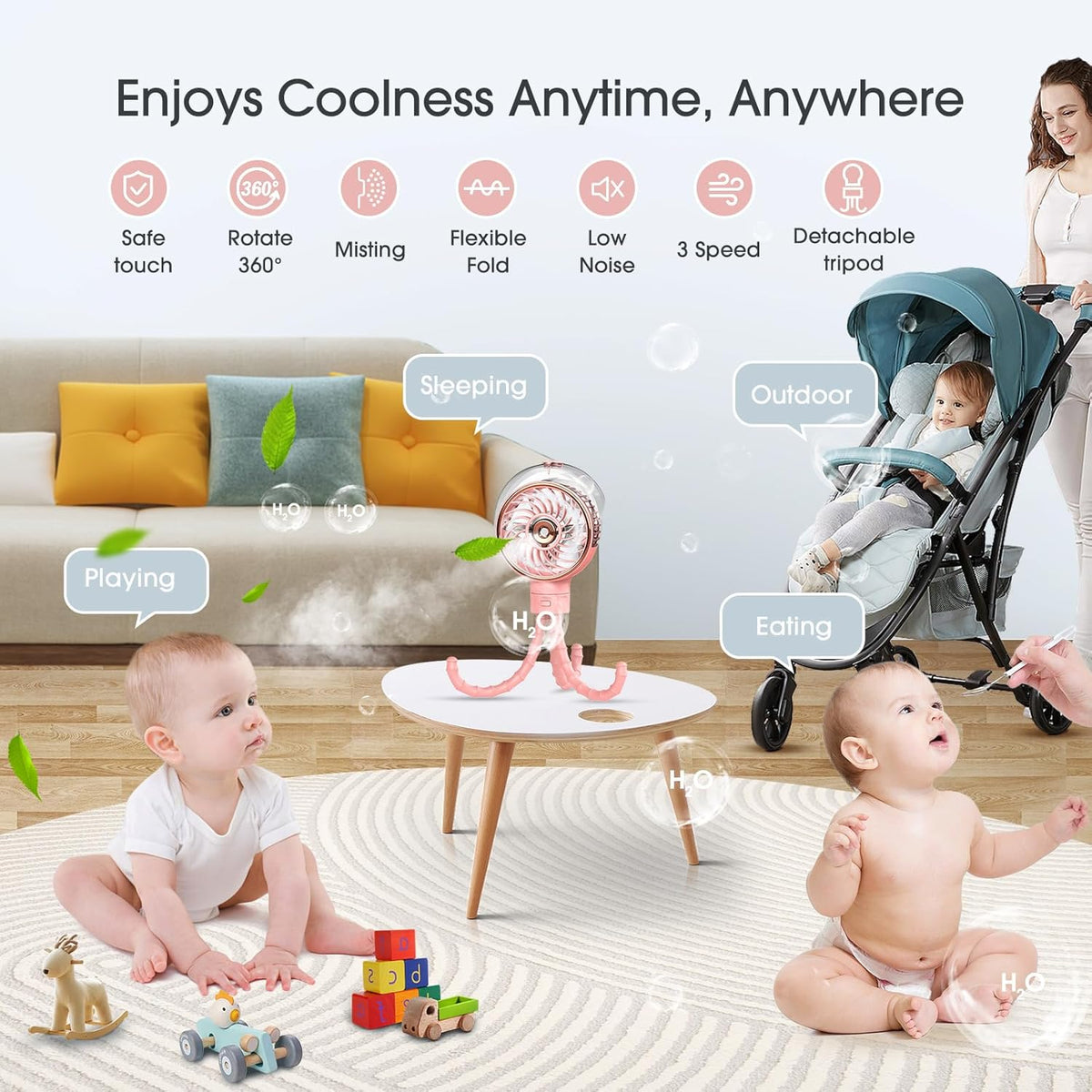 Stroller Fan with Mist, 100ml Misting Portable Fans for Stroller, Baby Fan with Detachable Tripod, Baby Essentials, Clip on Fans for Crib, Treadmill, Car Seat