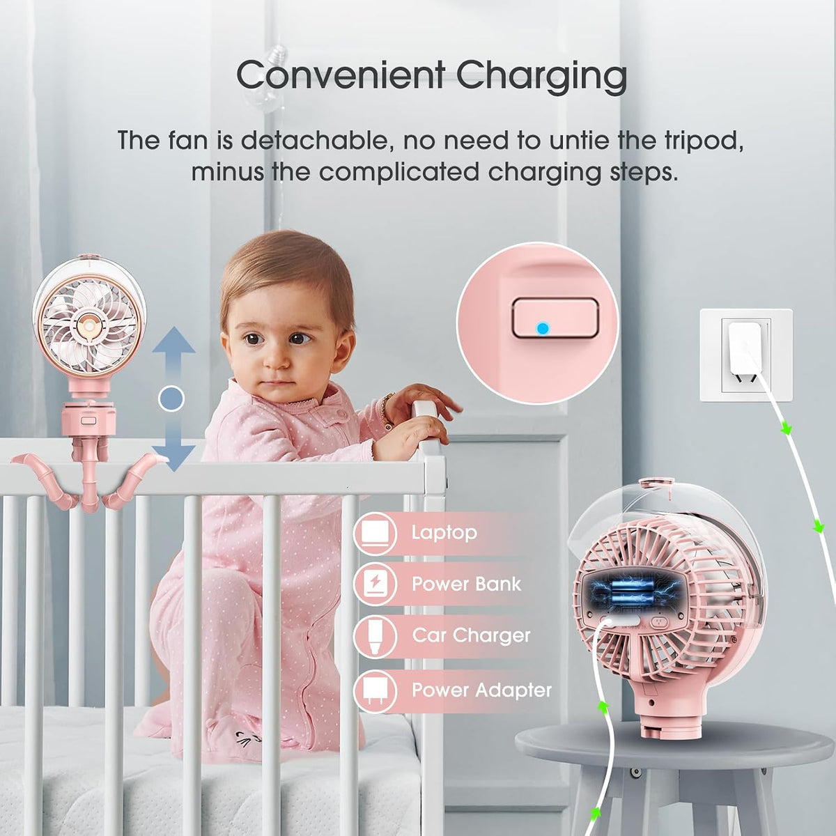 Stroller Fan with Mist, 100ml Misting Portable Fans for Stroller, Baby Fan with Detachable Tripod, Baby Essentials, Clip on Fans for Crib, Treadmill, Car Seat