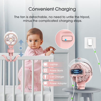 Stroller Fan with Mist, 100ml Misting Portable Fans for Stroller, Baby Fan with Detachable Tripod, Baby Essentials, Clip on Fans for Crib, Treadmill, Car Seat