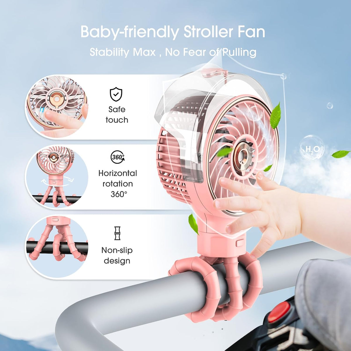 Stroller Fan with Mist, 100ml Misting Portable Fans for Stroller, Baby Fan with Detachable Tripod, Baby Essentials, Clip on Fans for Crib, Treadmill, Car Seat