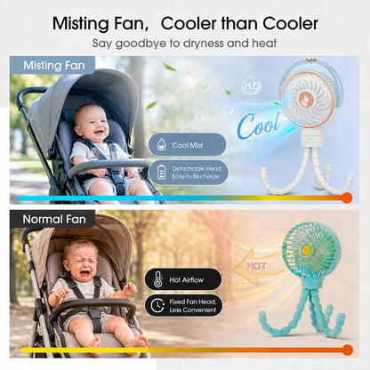 Stroller Fan with Mist, 100ml Misting Portable Fans for Stroller, Baby Fan with Detachable Tripod, Baby Essentials, Clip on Fans for Crib, Treadmill, Car Seat