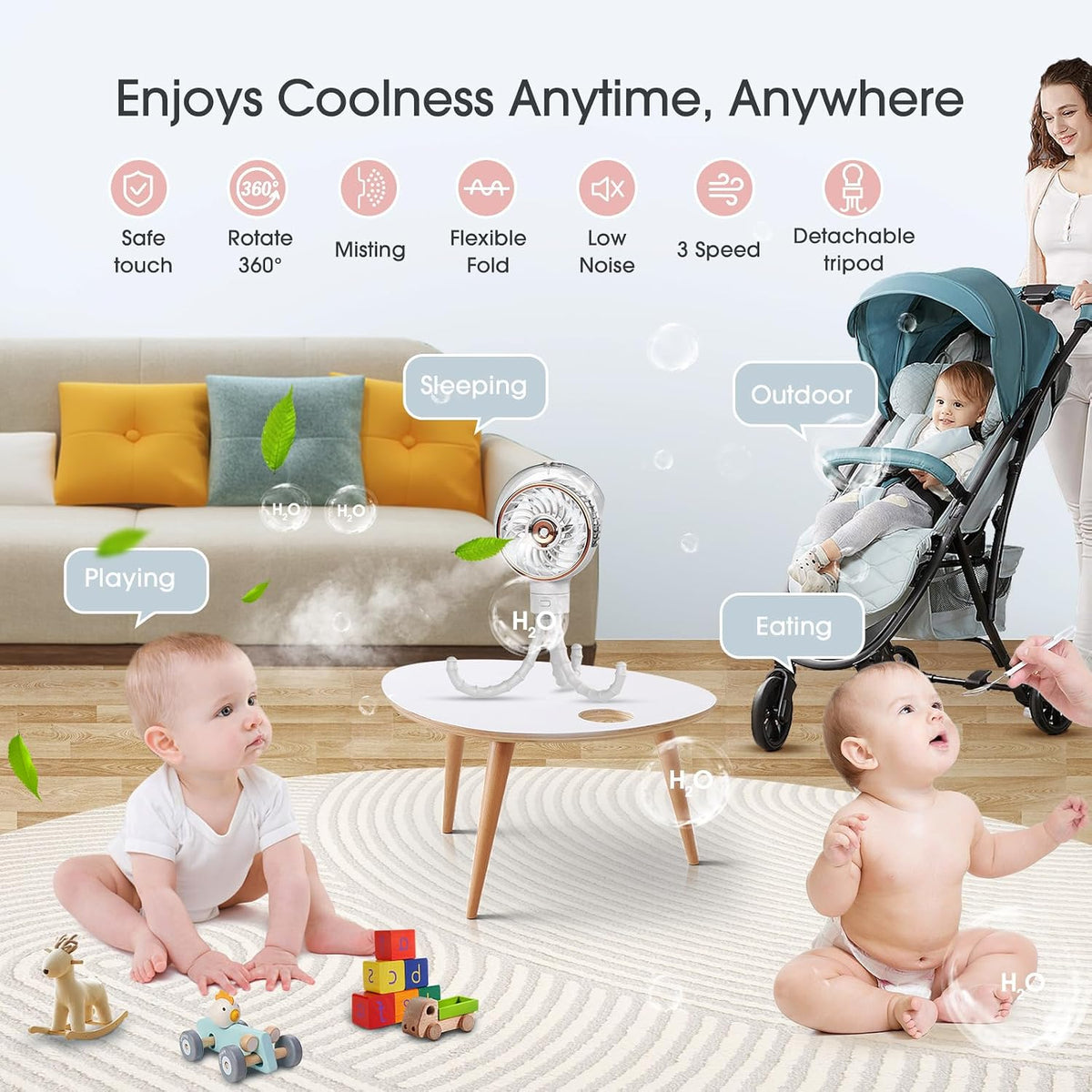 Stroller Fan with Mist, 100ml Misting Portable Fans for Stroller, Baby Fan with Detachable Tripod, Baby Essentials, Clip on Fans for Crib, Treadmill, Car Seat