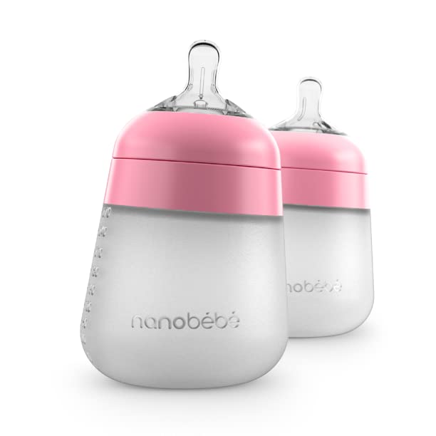 Nanobebe Flexy Silicone Baby Bottle, Anti-Colic, Natural Feel, Non-Collapsing Nipple, Non-Tip Stable Base, Easy to Clean 4-Pack, Pink/White, 5 oz