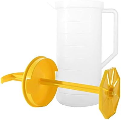 JBK Pottery 2-Quart White Mixing Pitcher with Plunger – BPA-Free Plastic Mixing Jug for Juice, Milk, Tea, Shakes, and More – Dishwasher-Safe, Spill-Proof Lid, Smart Stirring Design