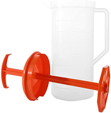 JBK Pottery 2-Quart White Mixing Pitcher with Plunger – BPA-Free Plastic Mixing Jug for Juice, Milk, Tea, Shakes, and More – Dishwasher-Safe, Spill-Proof Lid, Smart Stirring Design