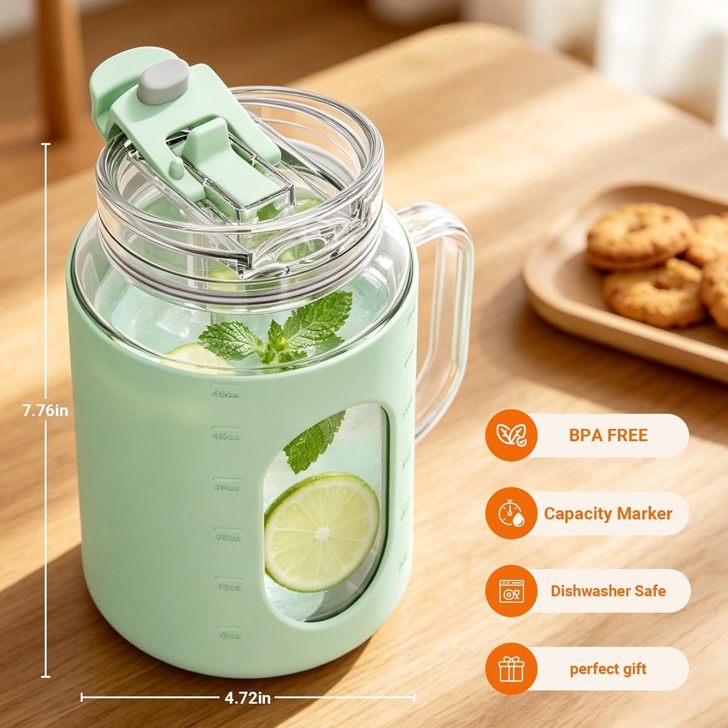 50oz Glass Tumbler with Handle, 2-in-1 Straw & Sip Lid | Motivational Time Marker Water Bottle, Silicone Sleeve, BPA-Free Reusable Glass Cup for Iced Coffee, Water, Juice, Gym