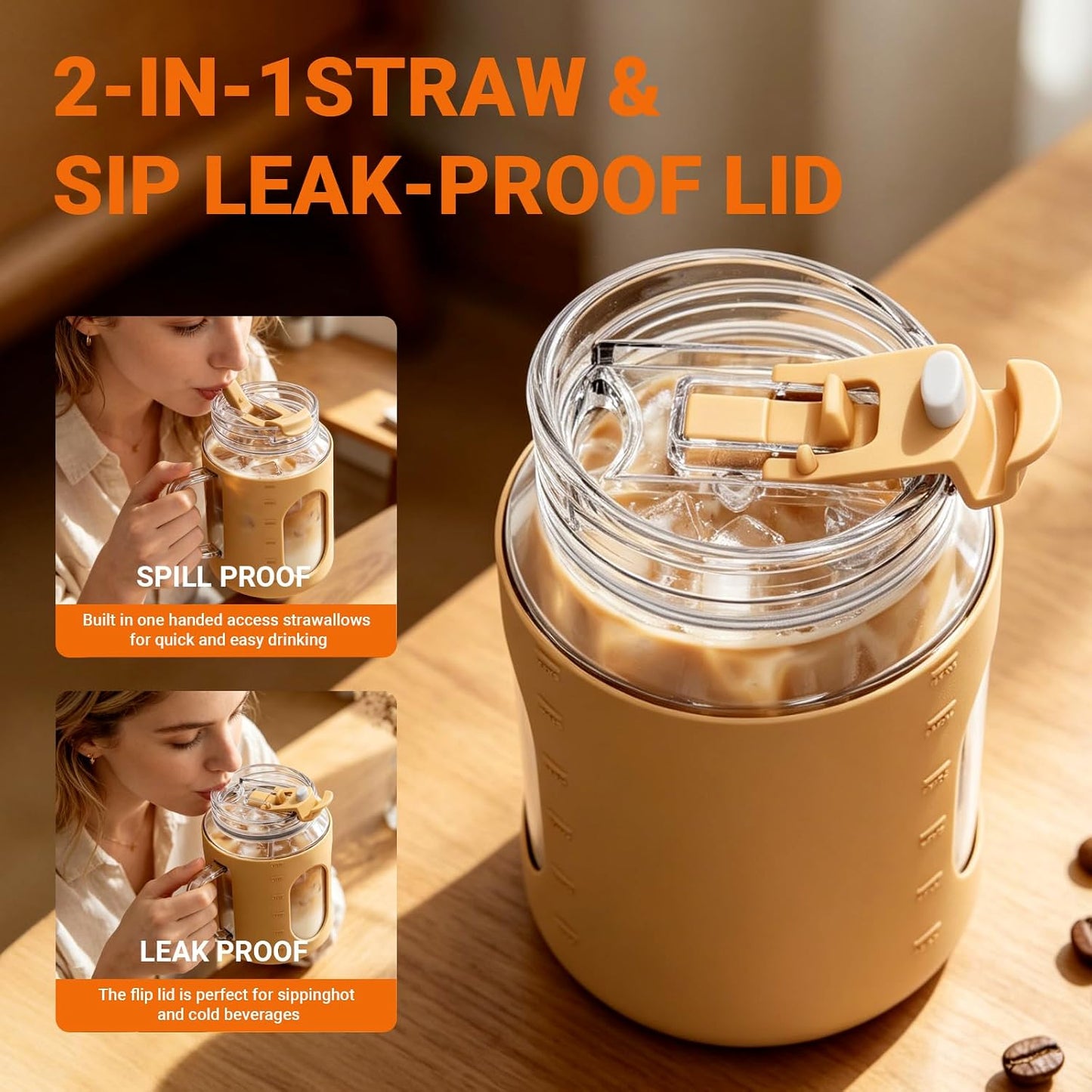 50oz Glass Tumbler with Handle, 2-in-1 Straw & Sip Lid | Motivational Time Marker Water Bottle, Silicone Sleeve, BPA-Free Reusable Glass Cup for Iced Coffee, Water, Juice, Gym
