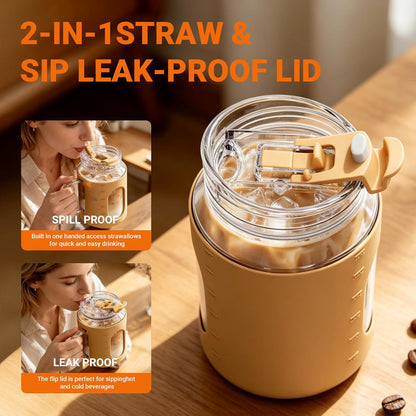 50oz Glass Tumbler with Handle, 2-in-1 Straw & Sip Lid | Motivational Time Marker Water Bottle, Silicone Sleeve, BPA-Free Reusable Glass Cup for Iced Coffee, Water, Juice, Gym