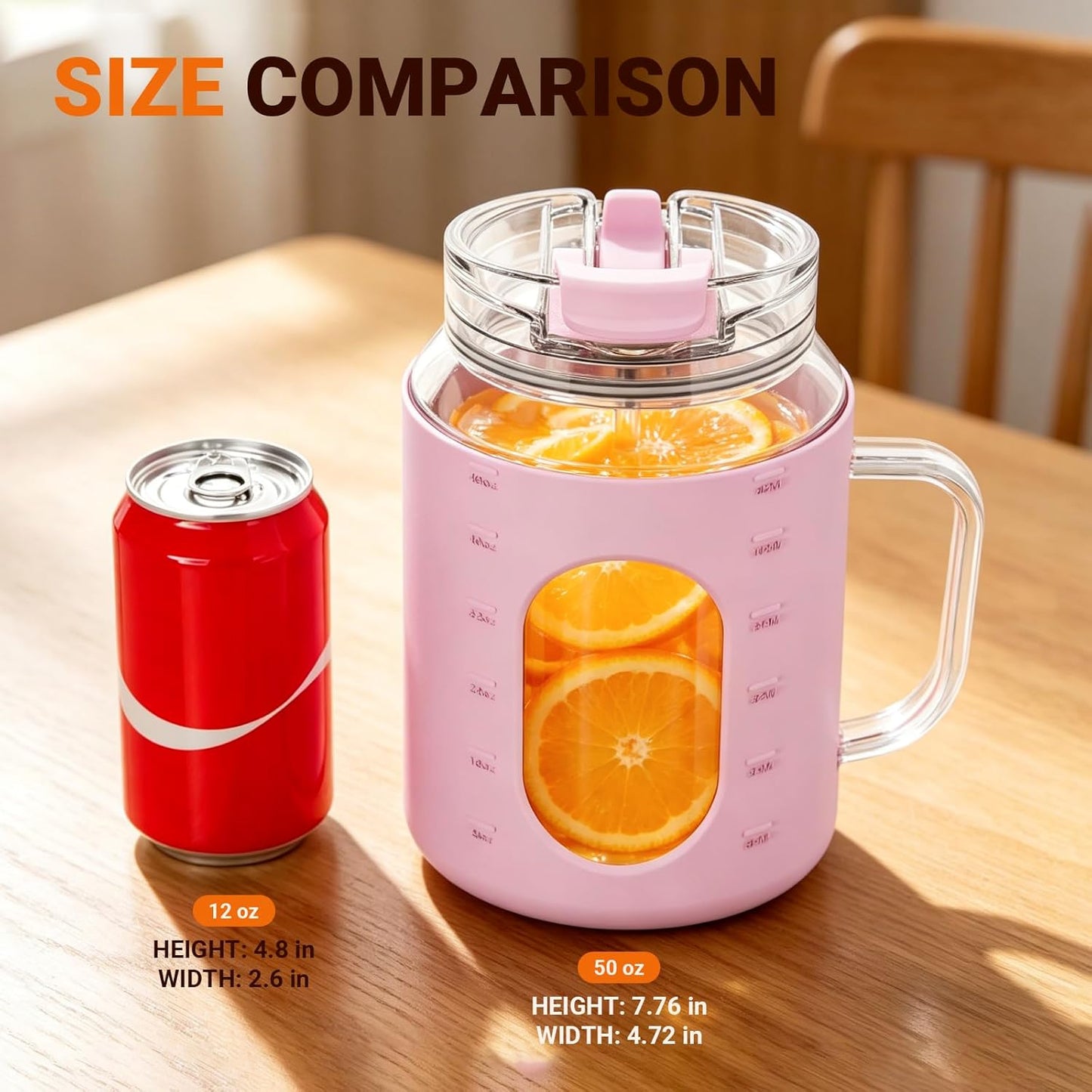 50oz Glass Tumbler with Handle, 2-in-1 Straw & Sip Lid | Motivational Time Marker Water Bottle, Silicone Sleeve, BPA-Free Reusable Glass Cup for Iced Coffee, Water, Juice, Gym