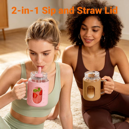 50oz Glass Tumbler with Handle, 2-in-1 Straw & Sip Lid | Motivational Time Marker Water Bottle, Silicone Sleeve, BPA-Free Reusable Glass Cup for Iced Coffee, Water, Juice, Gym