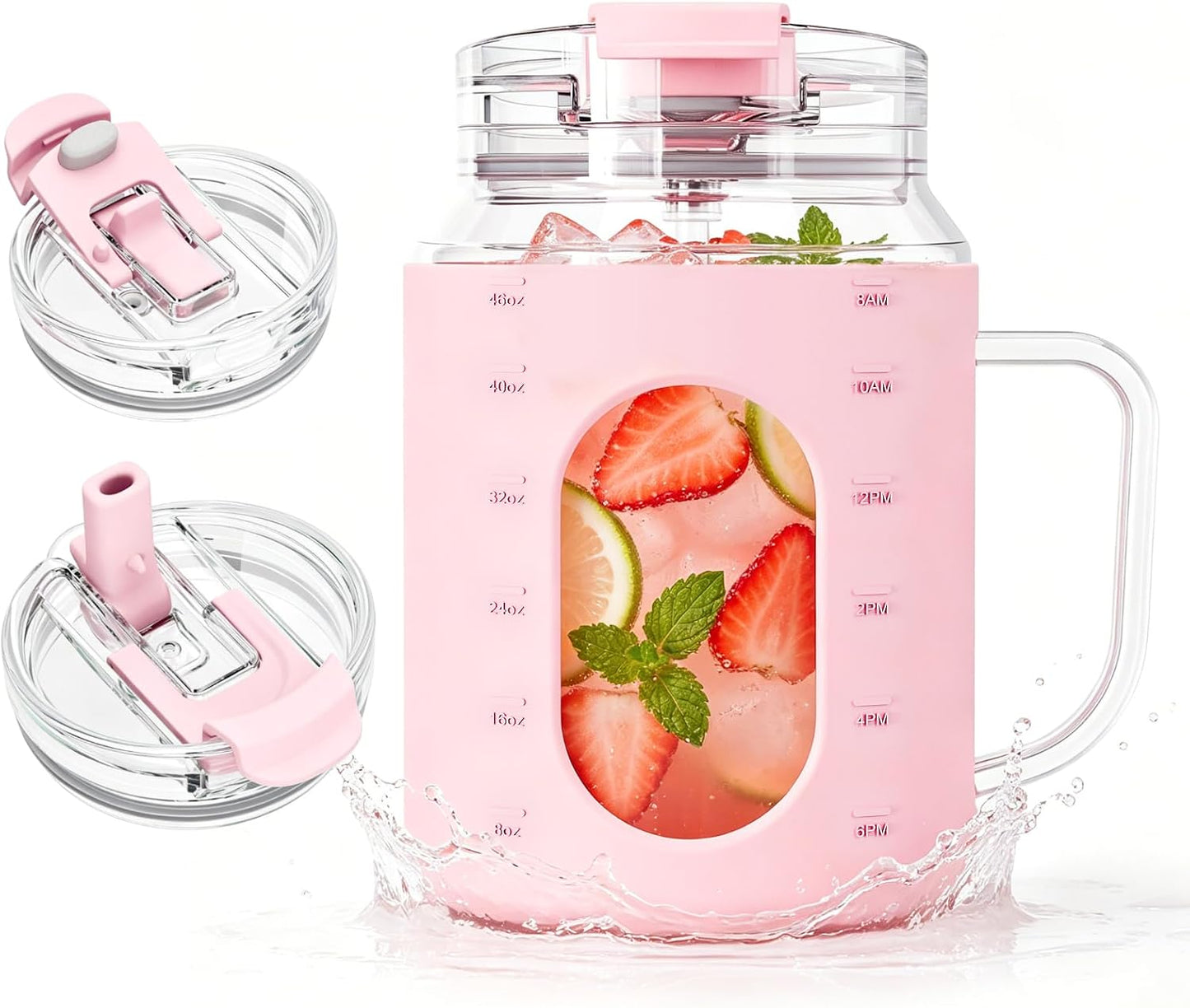 50oz Glass Tumbler with Handle, 2-in-1 Straw & Sip Lid | Motivational Time Marker Water Bottle, Silicone Sleeve, BPA-Free Reusable Glass Cup for Iced Coffee, Water, Juice, Gym