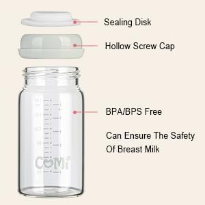 COMI Wide Neck Glass Breastmilk Collection n Storage Bottle, 4 Packs,10oz with Screw Ring Sealing Disk,Re-markable Sealing Disc,BPA Free,Fits Breast Pumps&Nipples(4 Green Lids)