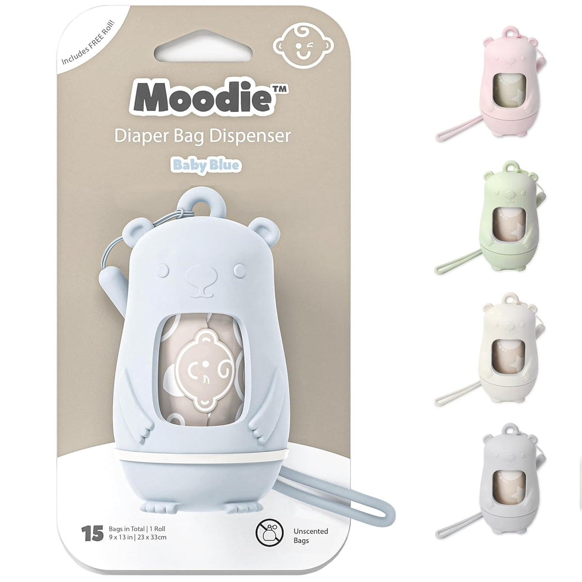 Teddy Bear Diaper Bag Dispenser | Diaper Trash Bags on the Go Dispenser w/Silicon Strap | 15 UNSCENTED Baby Poop Bags per Roll | Dirty Diaper Bags Disposable | Diaper Waste Bags (ROSIE PINK)