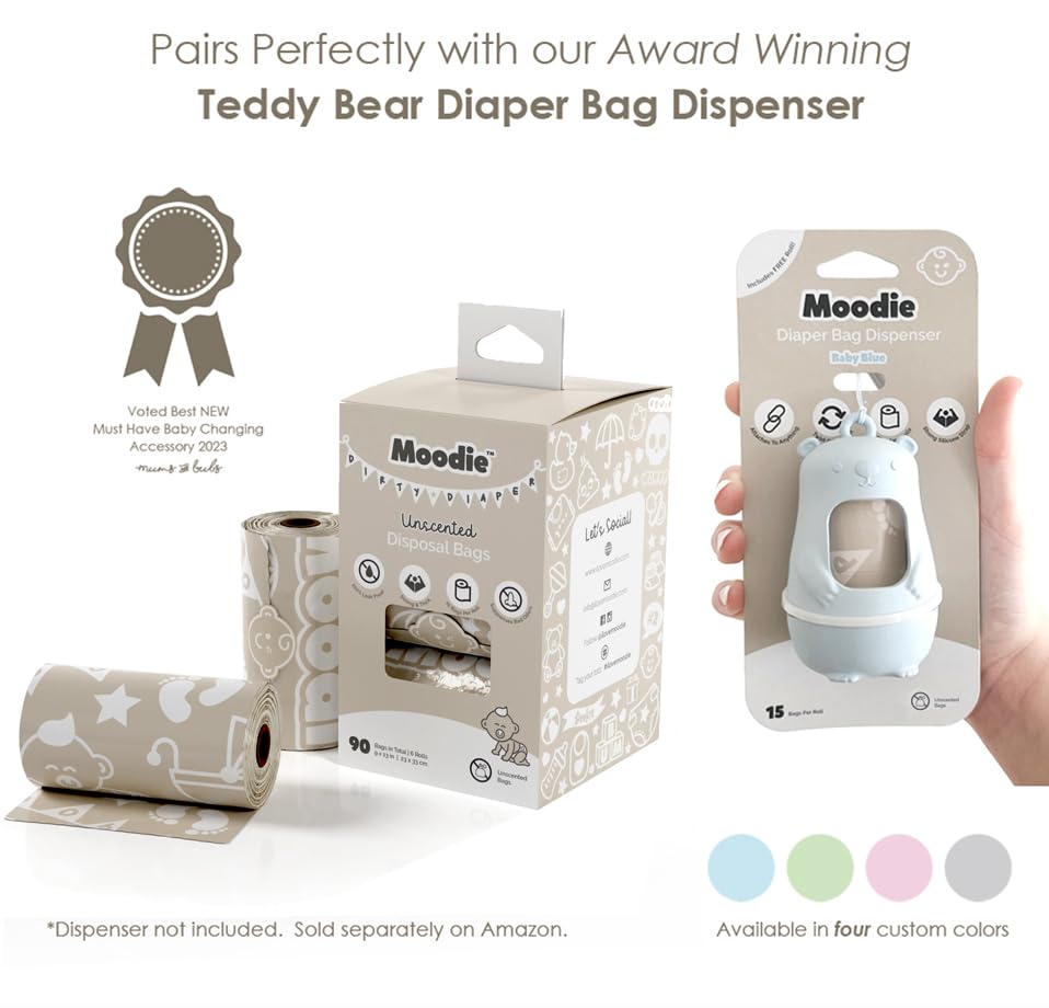 Teddy Bear Diaper Bag Dispenser | Diaper Trash Bags on the Go Dispenser w/Silicon Strap | 15 UNSCENTED Baby Poop Bags per Roll | Dirty Diaper Bags Disposable | Diaper Waste Bags (ROSIE PINK)