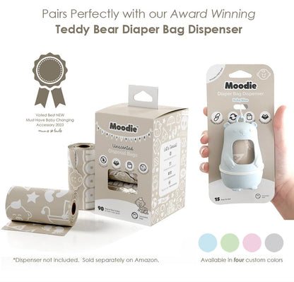 Teddy Bear Diaper Bag Dispenser | Diaper Trash Bags on the Go Dispenser w/Silicon Strap | 15 UNSCENTED Baby Poop Bags per Roll | Dirty Diaper Bags Disposable | Diaper Waste Bags (ROSIE PINK)