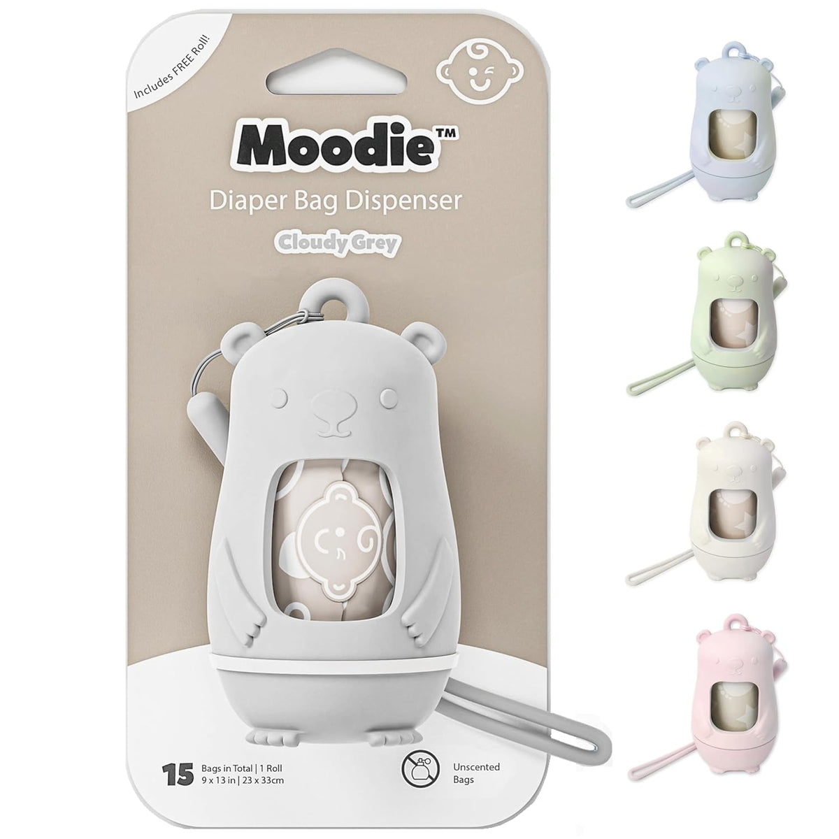Teddy Bear Diaper Bag Dispenser | Diaper Trash Bags on the Go Dispenser w/Silicon Strap | 15 UNSCENTED Baby Poop Bags per Roll | Dirty Diaper Bags Disposable | Diaper Waste Bags (ROSIE PINK)