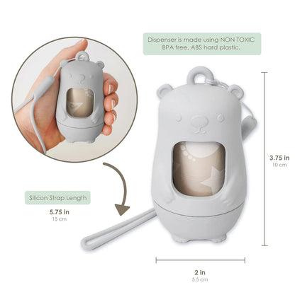 Teddy Bear Diaper Bag Dispenser | Diaper Trash Bags on the Go Dispenser w/Silicon Strap | 15 UNSCENTED Baby Poop Bags per Roll | Dirty Diaper Bags Disposable | Diaper Waste Bags (ROSIE PINK)