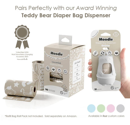 Teddy Bear Diaper Bag Dispenser | Diaper Trash Bags on the Go Dispenser w/Silicon Strap | 15 UNSCENTED Baby Poop Bags per Roll | Dirty Diaper Bags Disposable | Diaper Waste Bags (ROSIE PINK)