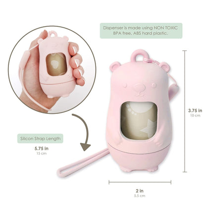 Teddy Bear Diaper Bag Dispenser | Diaper Trash Bags on the Go Dispenser w/Silicon Strap | 15 UNSCENTED Baby Poop Bags per Roll | Dirty Diaper Bags Disposable | Diaper Waste Bags (ROSIE PINK)