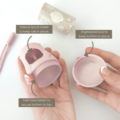 Teddy Bear Diaper Bag Dispenser | Diaper Trash Bags on the Go Dispenser w/Silicon Strap | 15 UNSCENTED Baby Poop Bags per Roll | Dirty Diaper Bags Disposable | Diaper Waste Bags (ROSIE PINK)