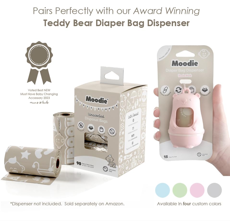 Teddy Bear Diaper Bag Dispenser | Diaper Trash Bags on the Go Dispenser w/Silicon Strap | 15 UNSCENTED Baby Poop Bags per Roll | Dirty Diaper Bags Disposable | Diaper Waste Bags (ROSIE PINK)