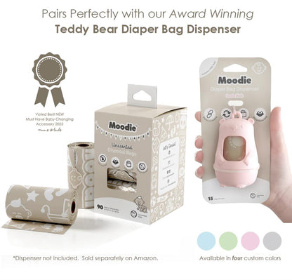 Teddy Bear Diaper Bag Dispenser | Diaper Trash Bags on the Go Dispenser w/Silicon Strap | 15 UNSCENTED Baby Poop Bags per Roll | Dirty Diaper Bags Disposable | Diaper Waste Bags (ROSIE PINK)