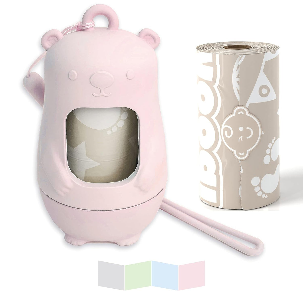 Teddy Bear Diaper Bag Dispenser | Diaper Trash Bags on the Go Dispenser w/Silicon Strap | 15 UNSCENTED Baby Poop Bags per Roll | Dirty Diaper Bags Disposable | Diaper Waste Bags (ROSIE PINK)
