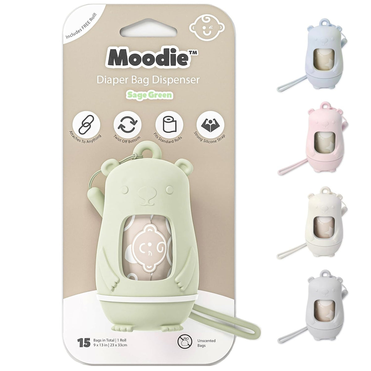 Teddy Bear Diaper Bag Dispenser | Diaper Trash Bags on the Go Dispenser w/Silicon Strap | 15 UNSCENTED Baby Poop Bags per Roll | Dirty Diaper Bags Disposable | Diaper Waste Bags (ROSIE PINK)