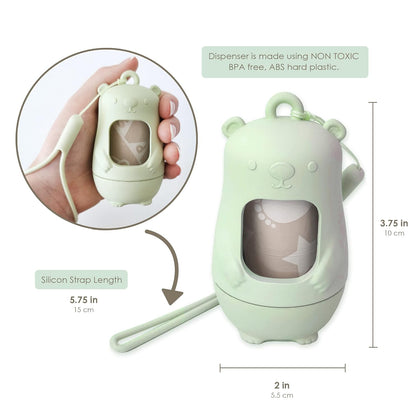 Teddy Bear Diaper Bag Dispenser | Diaper Trash Bags on the Go Dispenser w/Silicon Strap | 15 UNSCENTED Baby Poop Bags per Roll | Dirty Diaper Bags Disposable | Diaper Waste Bags (ROSIE PINK)