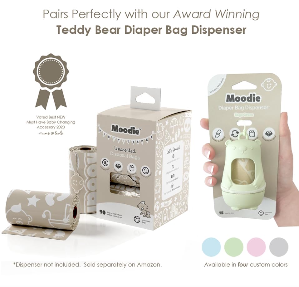 Teddy Bear Diaper Bag Dispenser | Diaper Trash Bags on the Go Dispenser w/Silicon Strap | 15 UNSCENTED Baby Poop Bags per Roll | Dirty Diaper Bags Disposable | Diaper Waste Bags (ROSIE PINK)