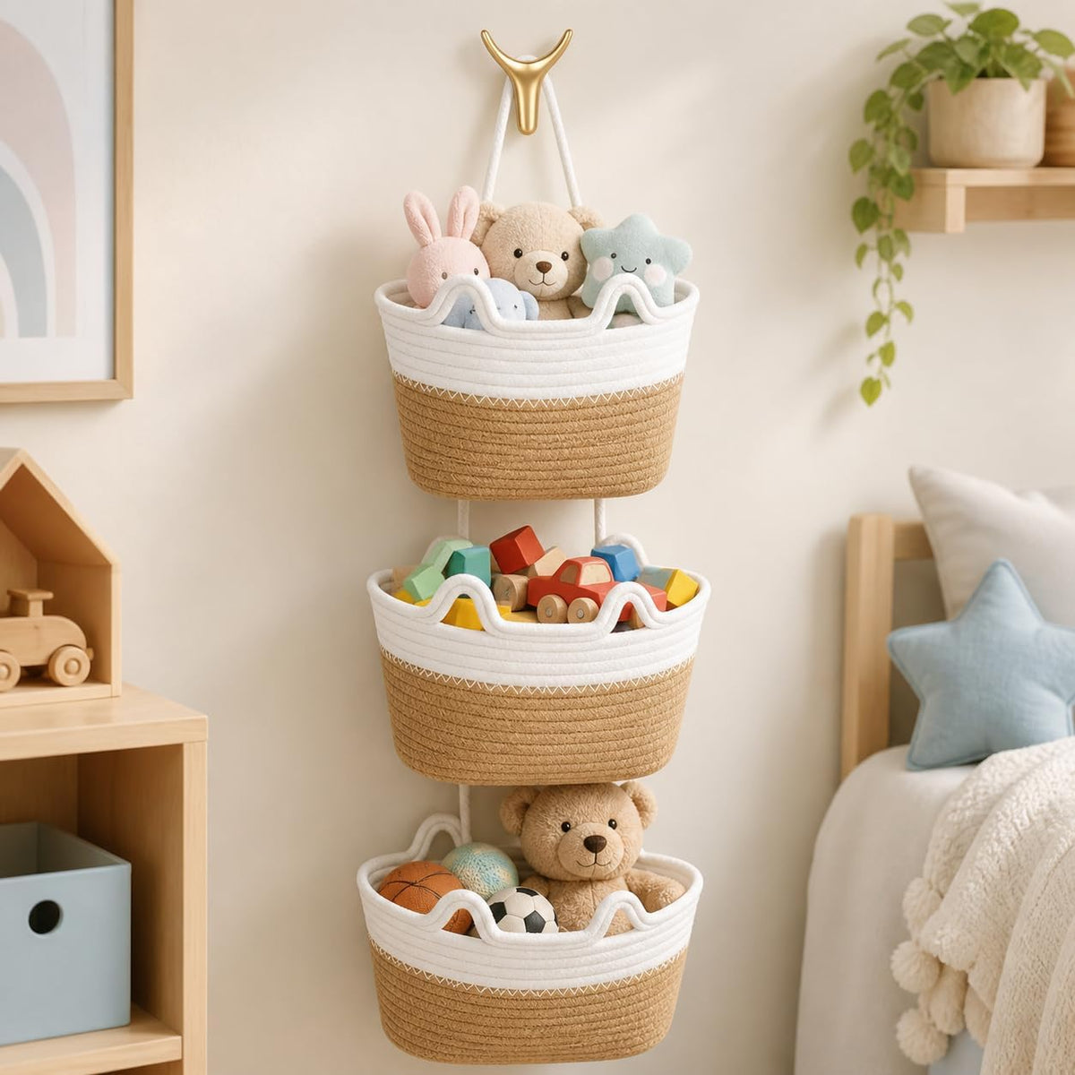 3 Tier Hanging Basket Over the Door | Wall-Mounted Braided Storage Bags, Cute Cat Ear Design Hanging Storage Basket for Nursery, Kids Room, Bathroom & Living Room