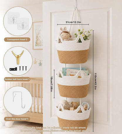3 Tier Hanging Basket Over the Door | Wall-Mounted Braided Storage Bags, Cute Cat Ear Design Hanging Storage Basket for Nursery, Kids Room, Bathroom & Living Room