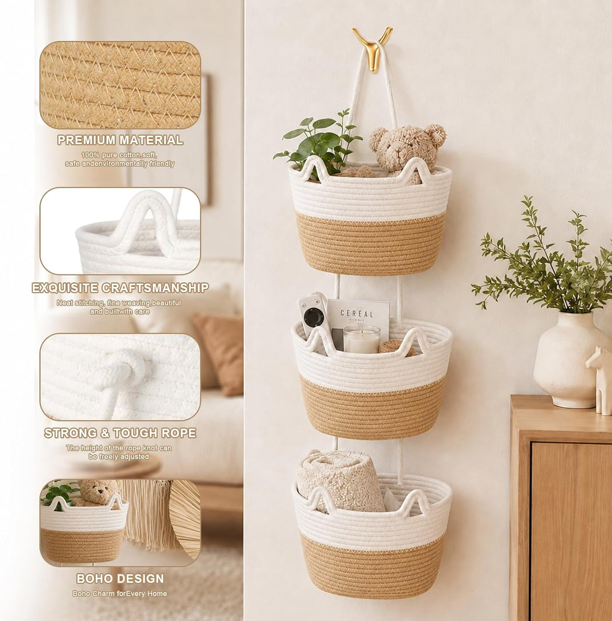 3 Tier Hanging Basket Over the Door | Wall-Mounted Braided Storage Bags, Cute Cat Ear Design Hanging Storage Basket for Nursery, Kids Room, Bathroom & Living Room