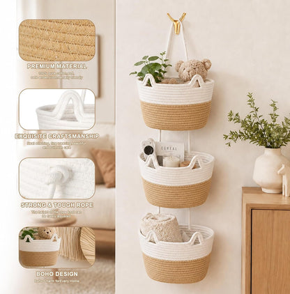 3 Tier Hanging Basket Over the Door | Wall-Mounted Braided Storage Bags, Cute Cat Ear Design Hanging Storage Basket for Nursery, Kids Room, Bathroom & Living Room