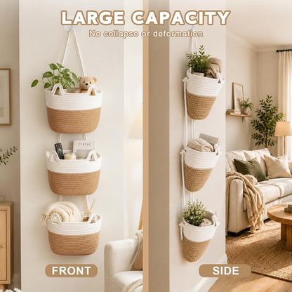 3 Tier Hanging Basket Over the Door | Wall-Mounted Braided Storage Bags, Cute Cat Ear Design Hanging Storage Basket for Nursery, Kids Room, Bathroom & Living Room