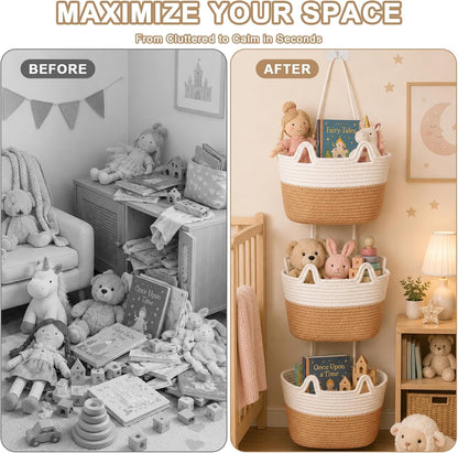 3 Tier Hanging Basket Over the Door | Wall-Mounted Braided Storage Bags, Cute Cat Ear Design Hanging Storage Basket for Nursery, Kids Room, Bathroom & Living Room