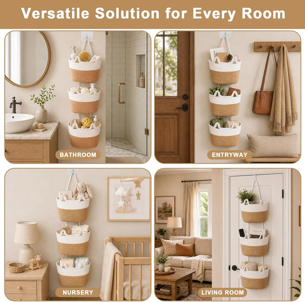 3 Tier Hanging Basket Over the Door | Wall-Mounted Braided Storage Bags, Cute Cat Ear Design Hanging Storage Basket for Nursery, Kids Room, Bathroom & Living Room