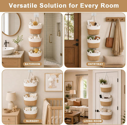 3 Tier Hanging Basket Over the Door | Wall-Mounted Braided Storage Bags, Cute Cat Ear Design Hanging Storage Basket for Nursery, Kids Room, Bathroom & Living Room
