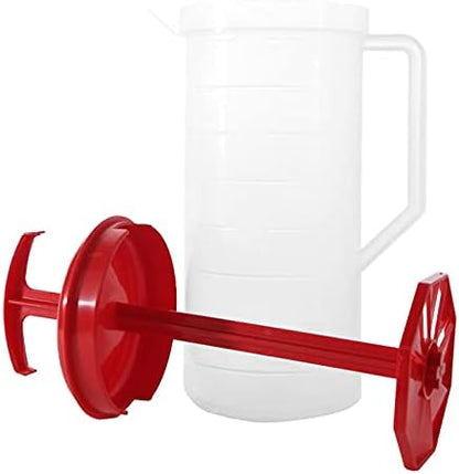 JBK Pottery 2-Quart White Mixing Pitcher with Plunger – BPA-Free Plastic Mixing Jug for Juice, Milk, Tea, Shakes, and More – Dishwasher-Safe, Spill-Proof Lid, Smart Stirring Design