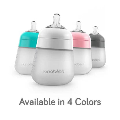 Nanobebe Flexy Silicone Baby Bottle, Anti-Colic, Natural Feel, Non-Collapsing Nipple, Non-Tip Stable Base, Easy to Clean 4-Pack, Pink/White, 5 oz
