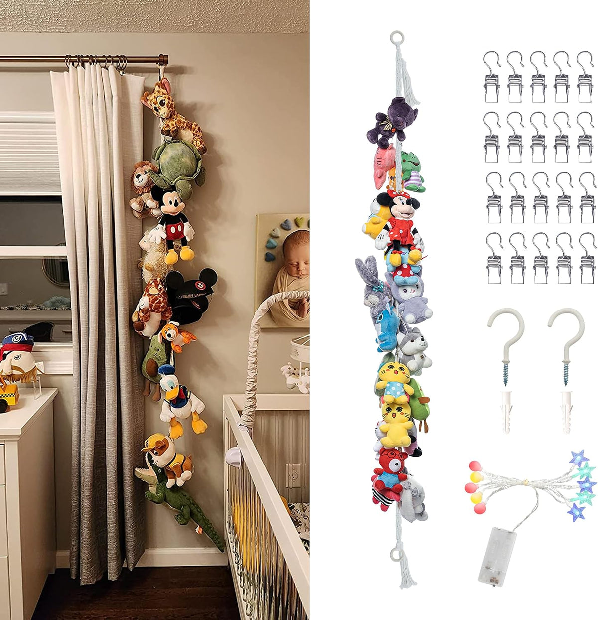 2PCS Stuffed Animals Storage Chain Organizers 80" Cotton Hanging Storage Chain with 2x 10 Led Light 40 Metal Clips Stuffed Animal Display Holder Chain for Nursery Play Room (Purple)