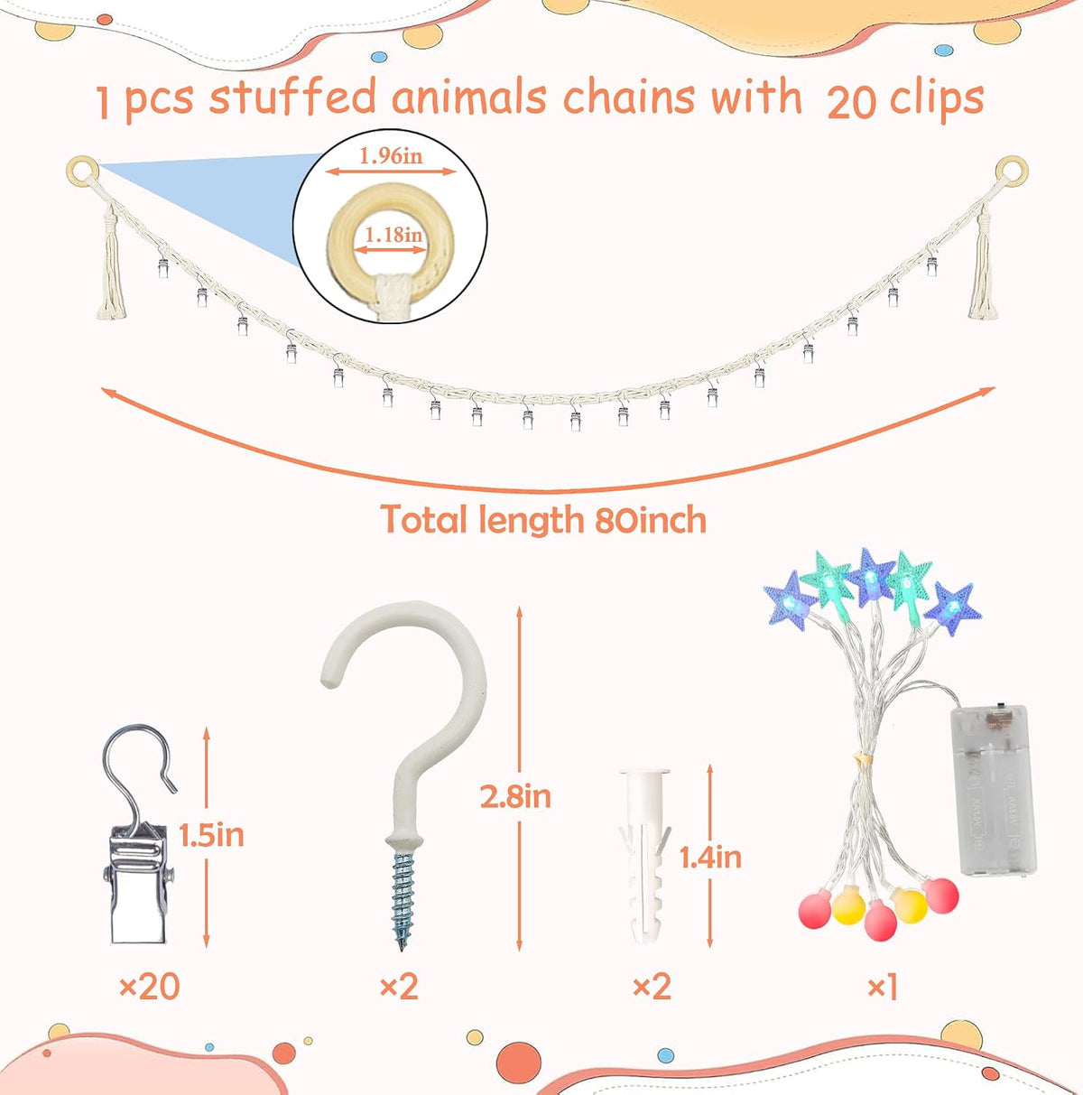2PCS Stuffed Animals Storage Chain Organizers 80" Cotton Hanging Storage Chain with 2x 10 Led Light 40 Metal Clips Stuffed Animal Display Holder Chain for Nursery Play Room (Purple)