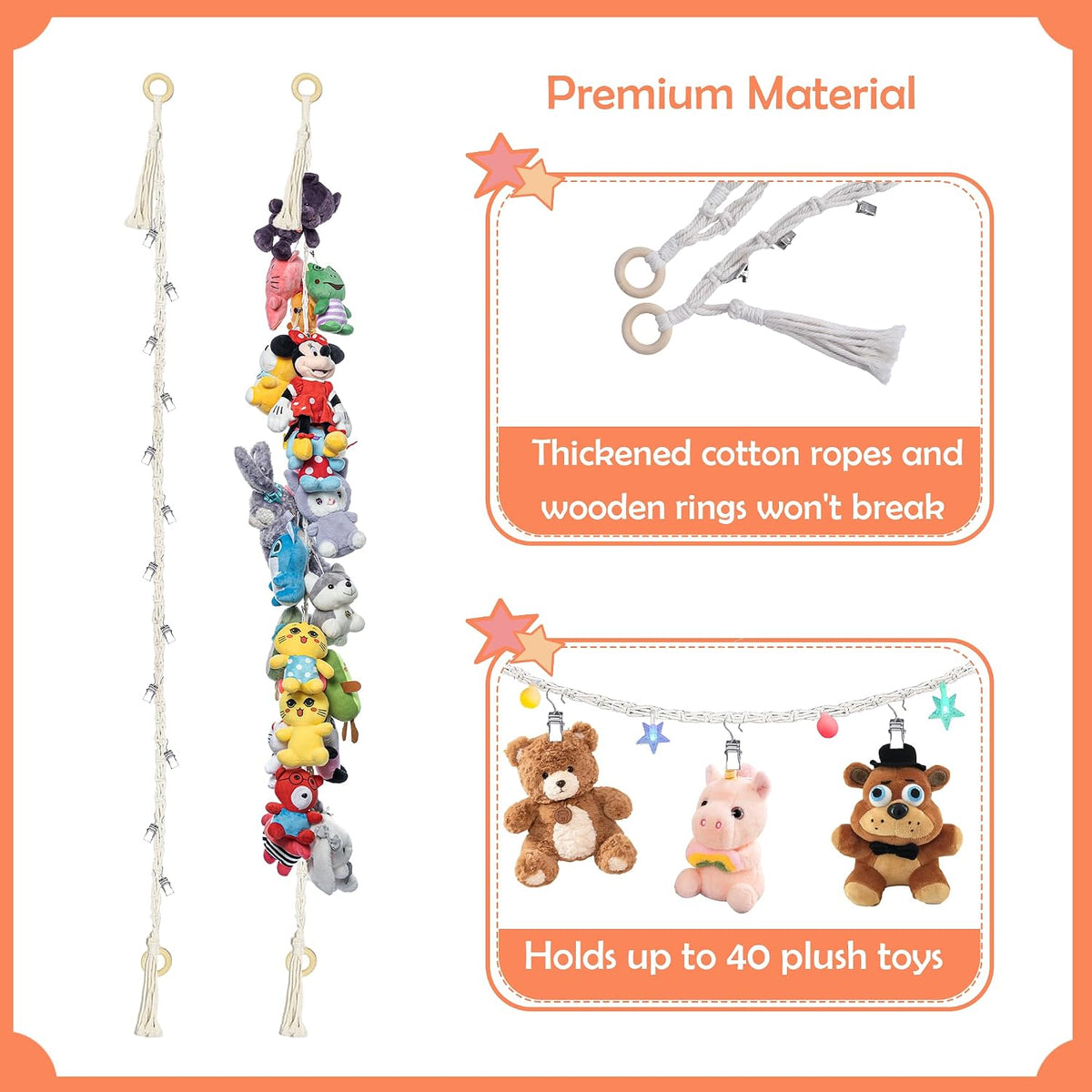 2PCS Stuffed Animals Storage Chain Organizers 80" Cotton Hanging Storage Chain with 2x 10 Led Light 40 Metal Clips Stuffed Animal Display Holder Chain for Nursery Play Room (Purple)