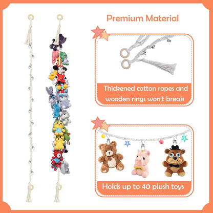 2PCS Stuffed Animals Storage Chain Organizers 80" Cotton Hanging Storage Chain with 2x 10 Led Light 40 Metal Clips Stuffed Animal Display Holder Chain for Nursery Play Room (Purple)