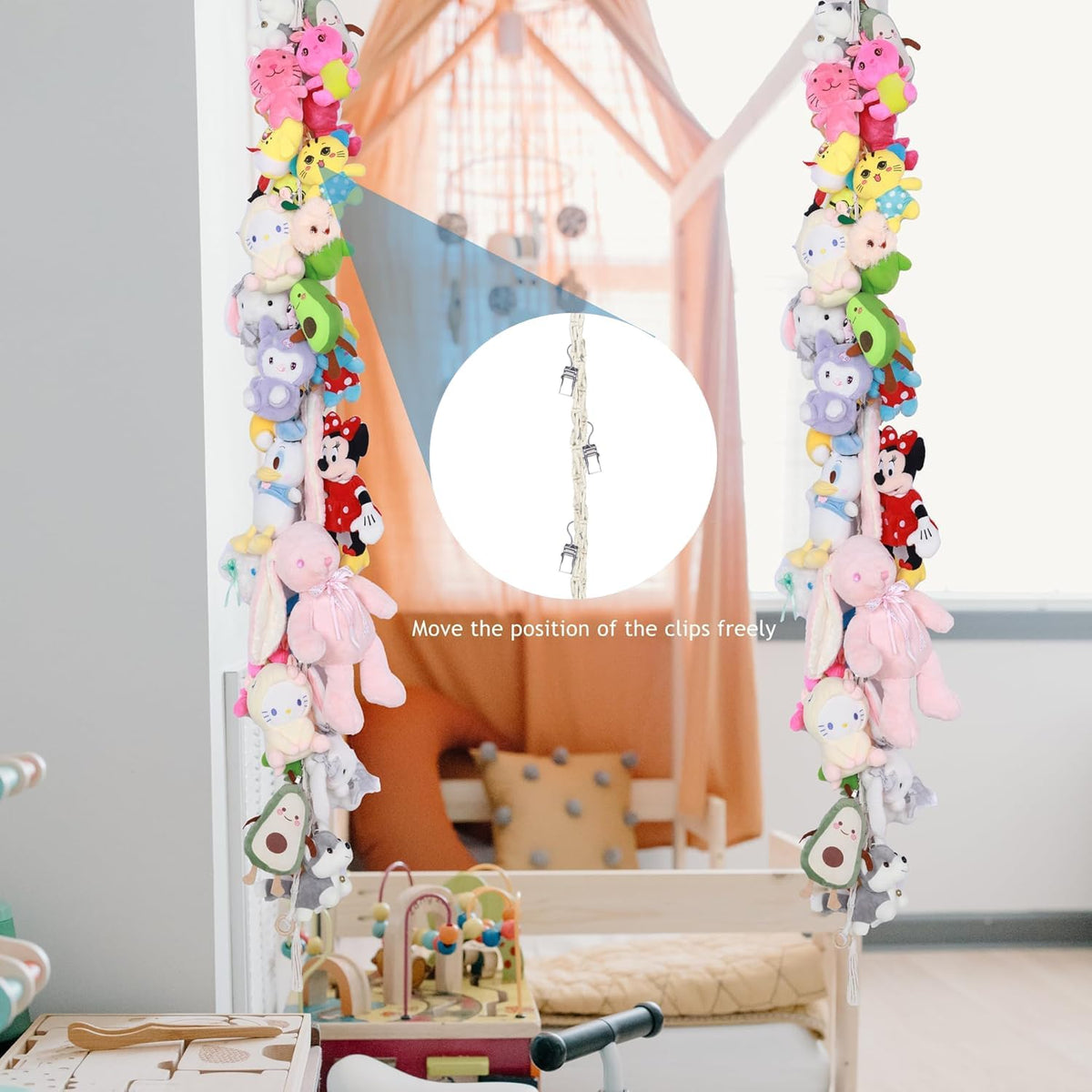 2PCS Stuffed Animals Storage Chain Organizers 80" Cotton Hanging Storage Chain with 2x 10 Led Light 40 Metal Clips Stuffed Animal Display Holder Chain for Nursery Play Room (Purple)