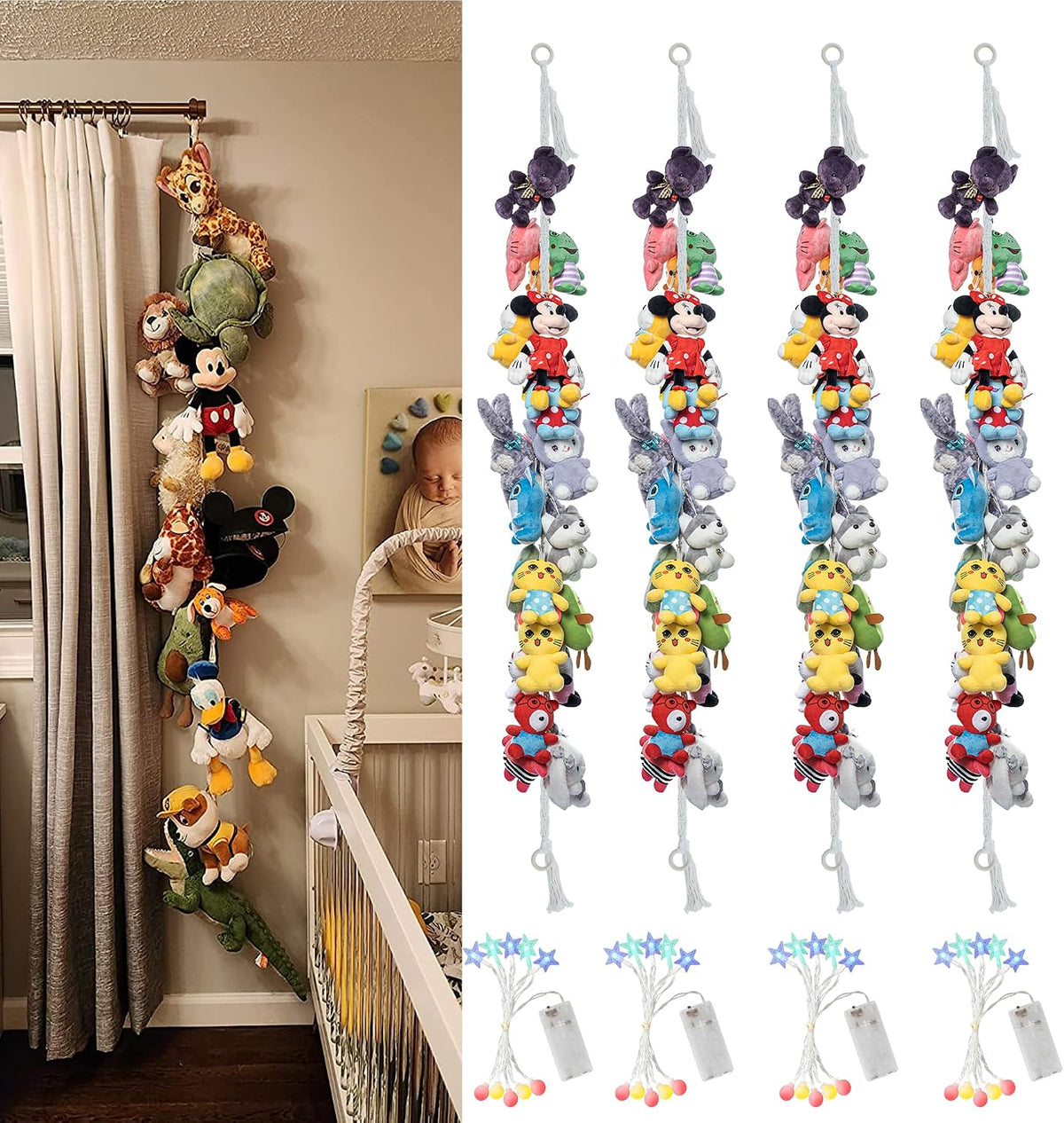 2PCS Stuffed Animals Storage Chain Organizers 80" Cotton Hanging Storage Chain with 2x 10 Led Light 40 Metal Clips Stuffed Animal Display Holder Chain for Nursery Play Room (Purple)