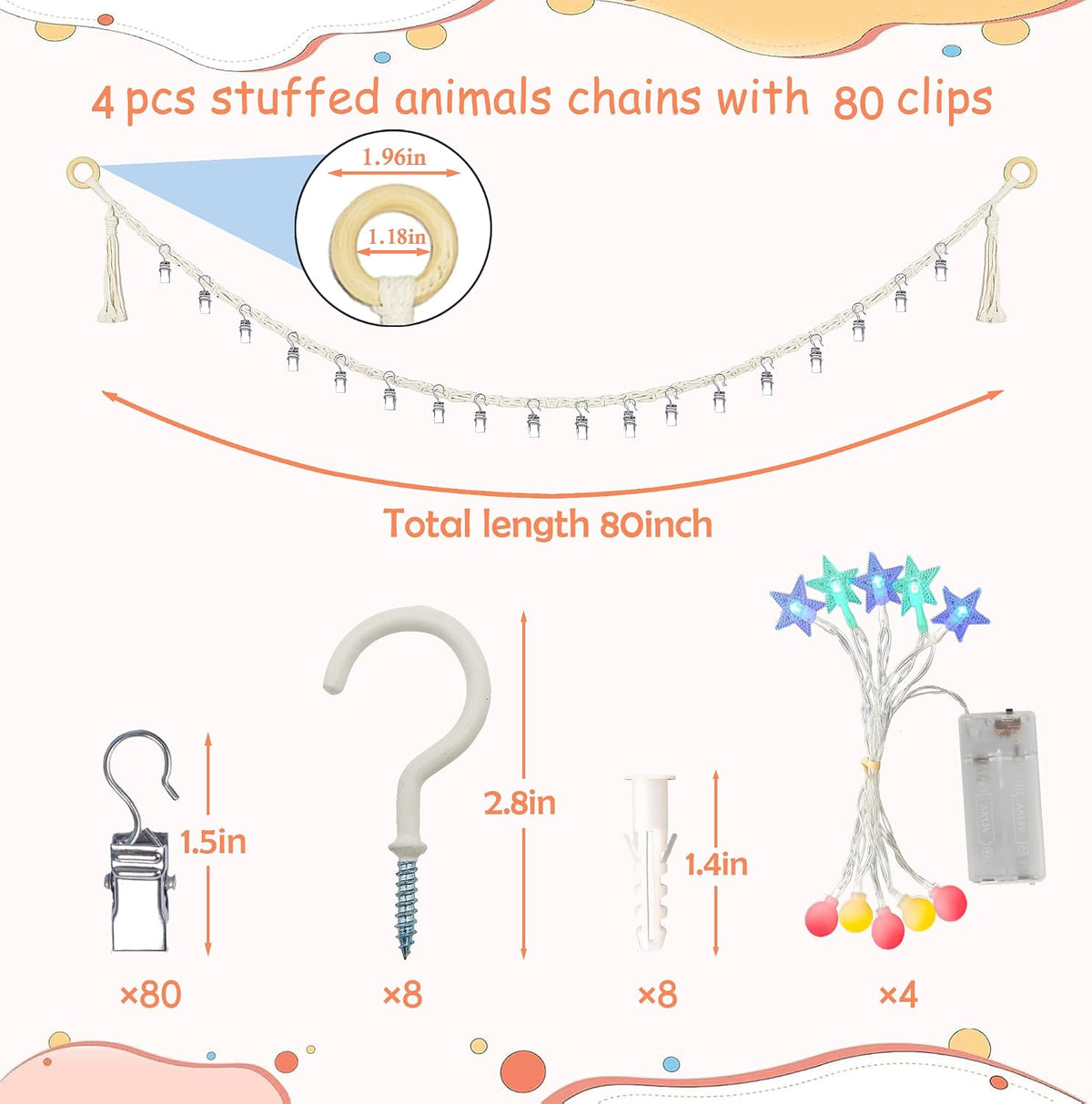 2PCS Stuffed Animals Storage Chain Organizers 80" Cotton Hanging Storage Chain with 2x 10 Led Light 40 Metal Clips Stuffed Animal Display Holder Chain for Nursery Play Room (Purple)