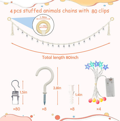 2PCS Stuffed Animals Storage Chain Organizers 80" Cotton Hanging Storage Chain with 2x 10 Led Light 40 Metal Clips Stuffed Animal Display Holder Chain for Nursery Play Room (Purple)
