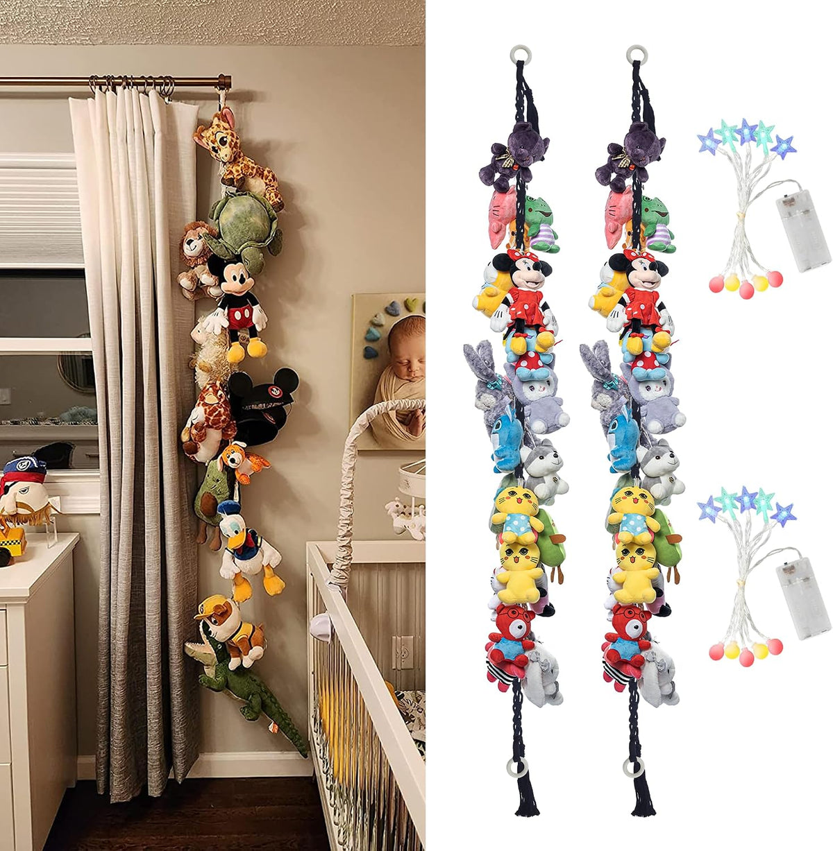 2PCS Stuffed Animals Storage Chain Organizers 80" Cotton Hanging Storage Chain with 2x 10 Led Light 40 Metal Clips Stuffed Animal Display Holder Chain for Nursery Play Room (Purple)