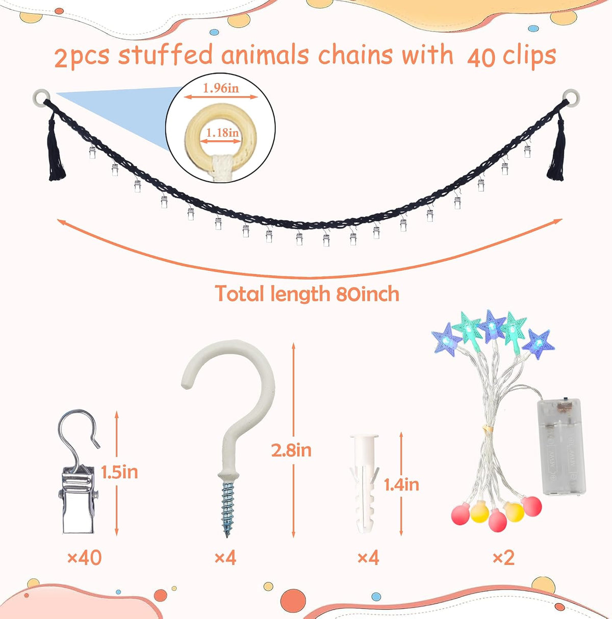 2PCS Stuffed Animals Storage Chain Organizers 80" Cotton Hanging Storage Chain with 2x 10 Led Light 40 Metal Clips Stuffed Animal Display Holder Chain for Nursery Play Room (Purple)